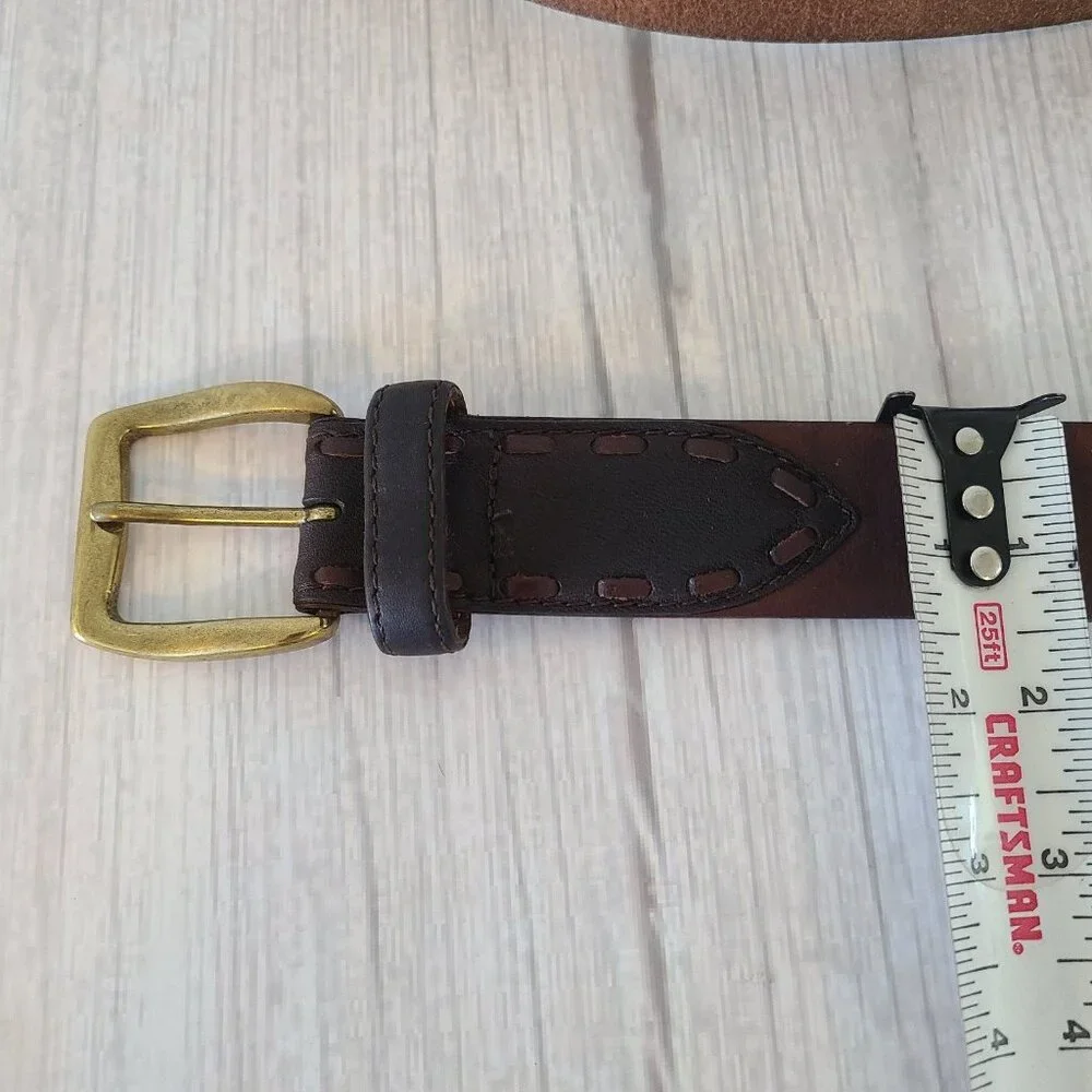 Vintage Cole Haan Brown Leather Belt Made in USA Brass Buckle Stitch Detailed